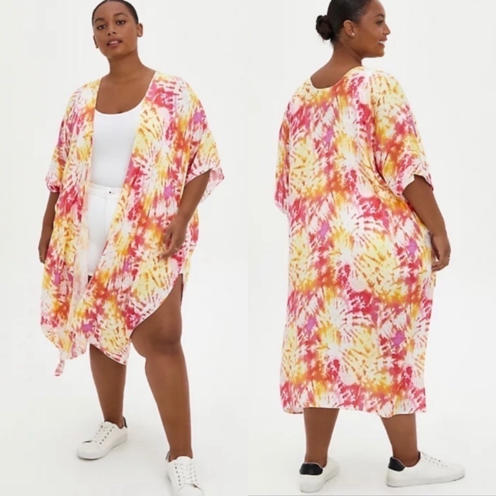 NWT Torrid Pink & Yellow Tie Dye Duster Open Front Kimono